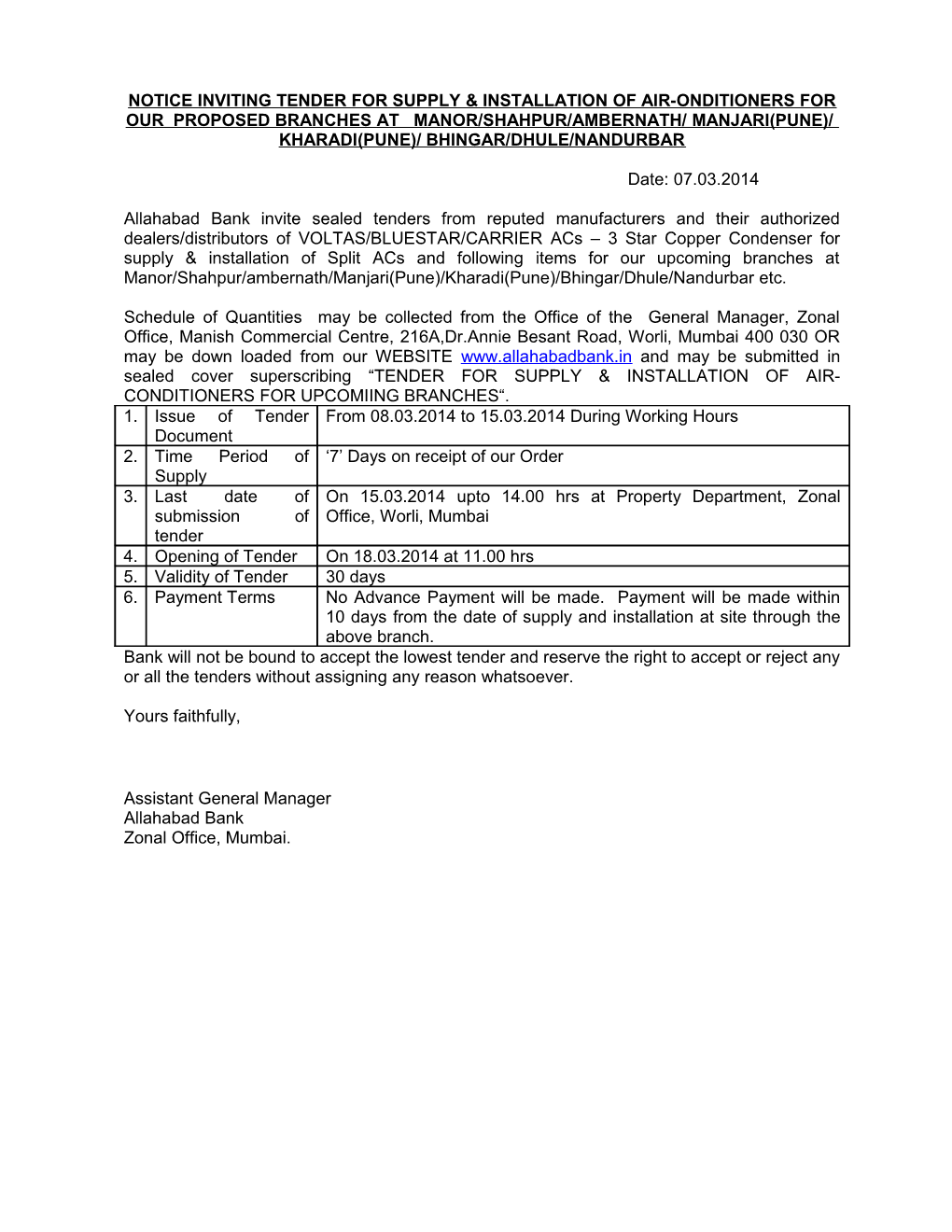 Notice Inviting Tender for Supply & Installation of Air-Conditioners for Proposed