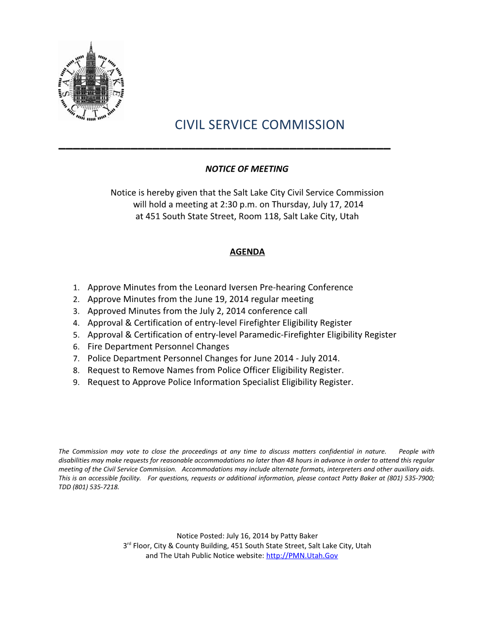 Notice Is Hereby Given That the Salt Lake City Civil Service Commission