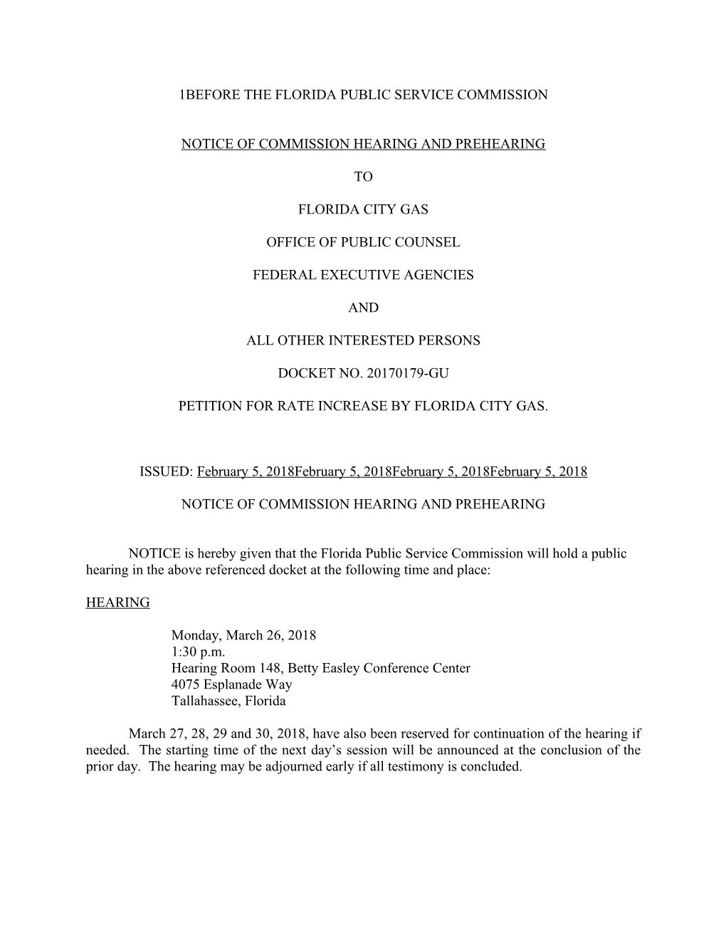 Notice of Commission Hearing and Prehearing