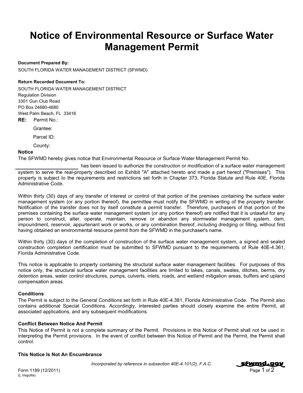Notice of Environmental Resource Or Surface Water Management Permit