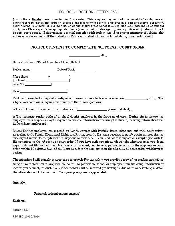 Notice of Intent to Comply Withsubpoena/ Court Order