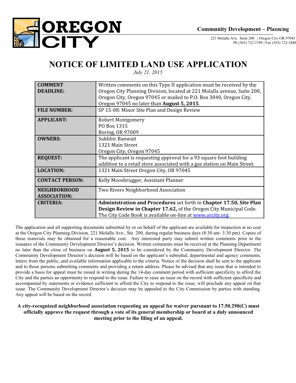 Notice of Limited Land Use Application