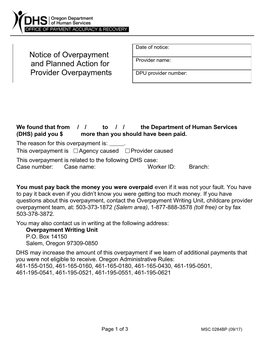 Notice of Overpayment and Planned Action for Provider Overpayments MSC 284 BP 6/13
