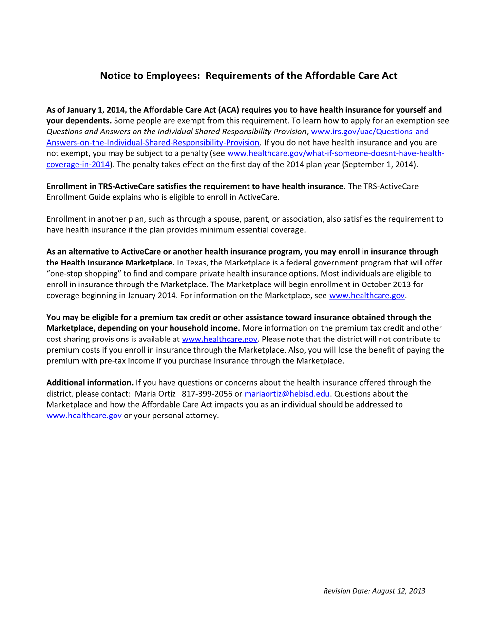 Notice to Employees: Requirements of the Affordable Care Act