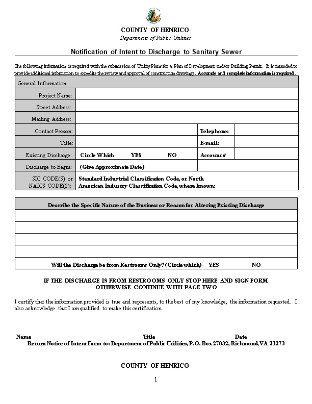 Notification of Intent to Discharge to Sanitary Sewer