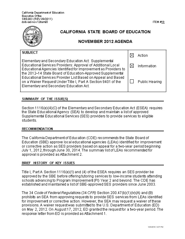 November 2012 Agenda Item 19 - Meeting Agendas (CA State Board of Education)