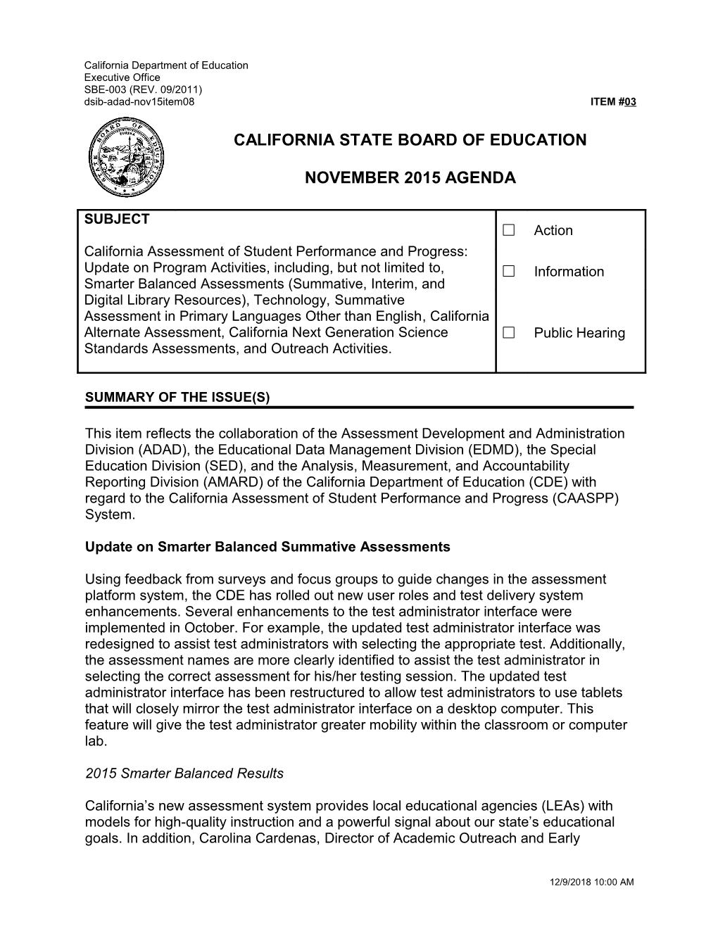 November 2015 Agenda Item 03 - Meeting Agendas (CA State Board of Education)