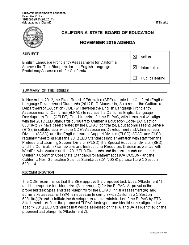 November 2015 Agenda Item 12 - Meeting Agendas (CA State Board of Education)