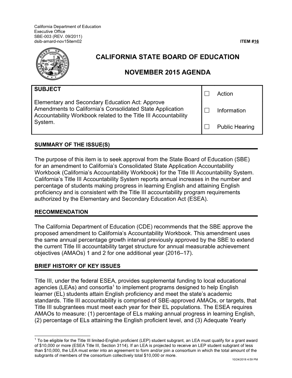 November 2015 Agenda Item 16 - Meeting Agendas (CA State Board of Education)