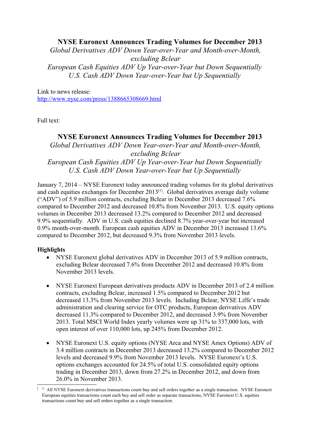 NYSE Euronext Announces Trading Volumes for December 2013