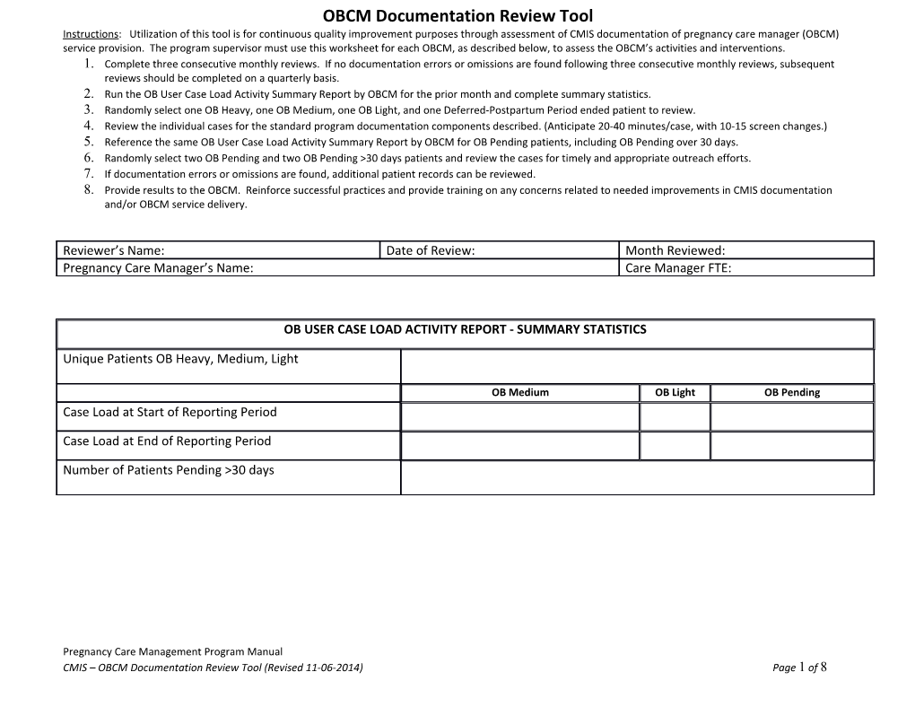 OBCM CMIS Documentation Review QI Tool