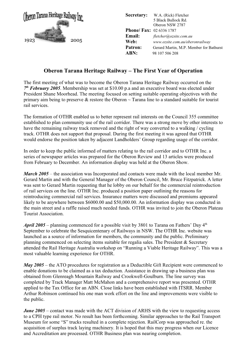 Oberon Tarana Heritage Railway the First Year of Operation