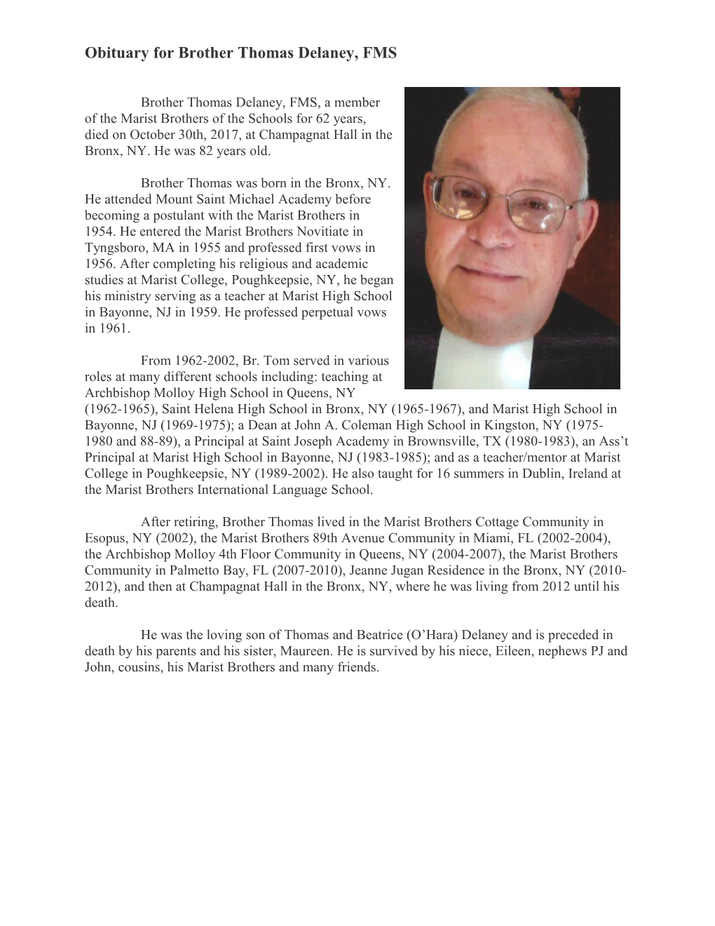 Obituary for Brother Thomas Delaney, FMS
