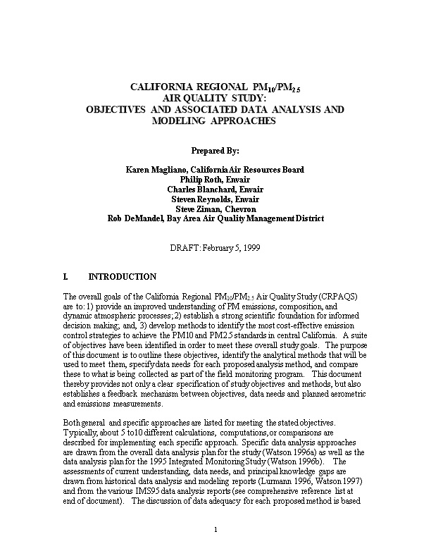 Objectives and Associated Data Analysis and Modeling Approaches 2/5/99 (CRPAQS)