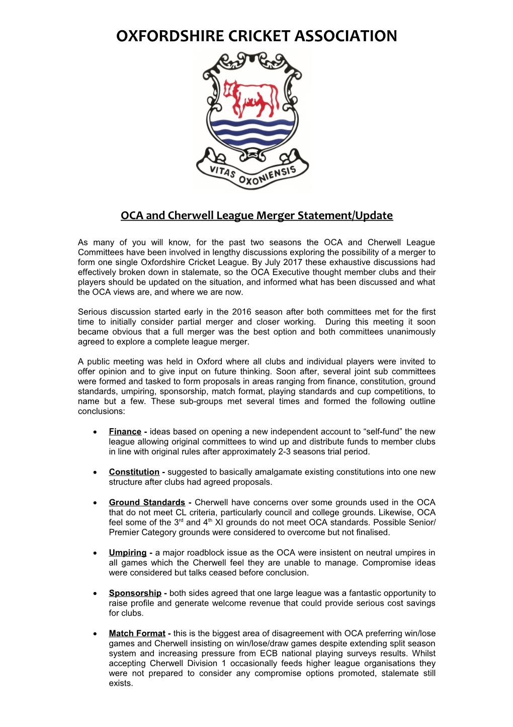 OCA and Cherwell League Merger Statement/Update