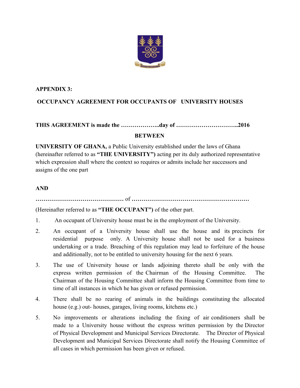 Occupancy Agreement for Occupants of University Houses