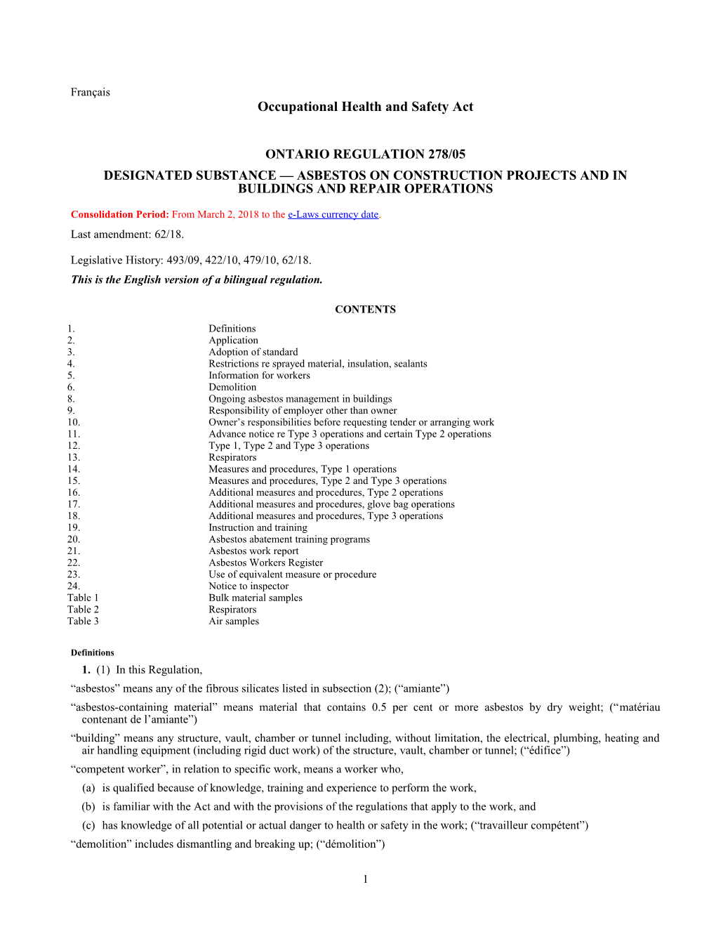 Occupational Health and Safety Act - O. Reg. 278/05