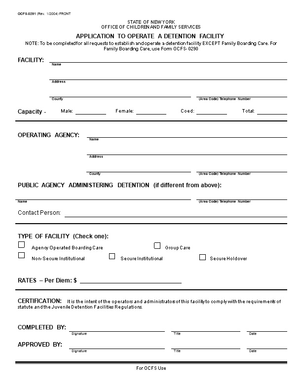 OCFS- 0291 Application to Operate a Detention Facility