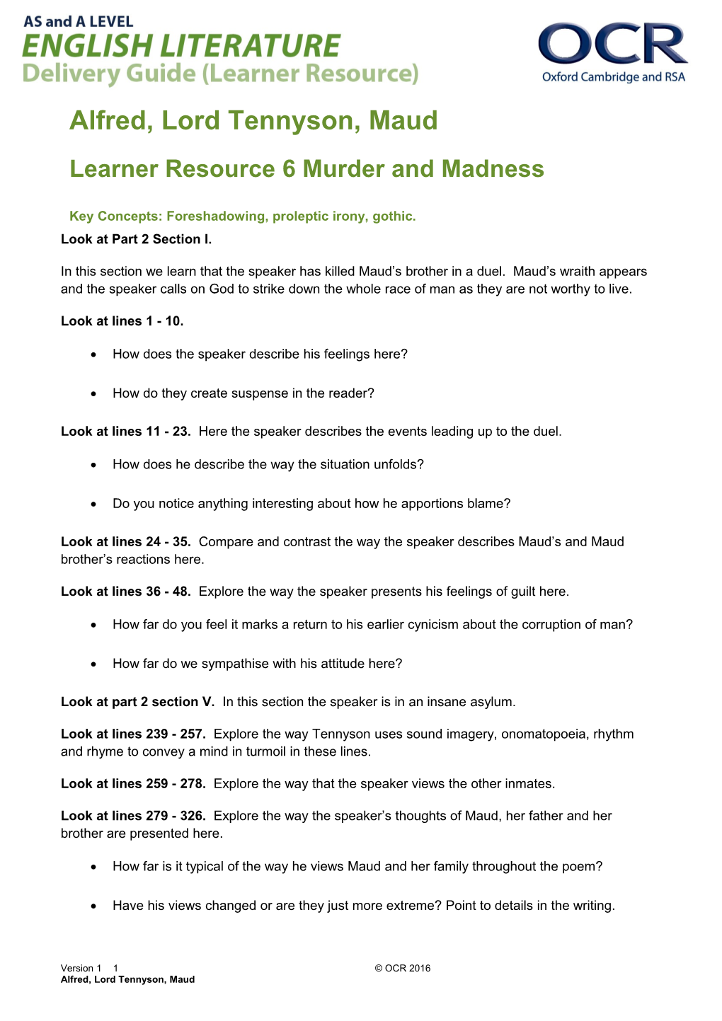 OCR a and AS Level English Literature, Alfred, Lord Tennyson - Maud Learner Resource 6