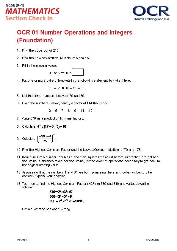 OCR GCSE (9-1) Mathematics Check in 01 Foundation