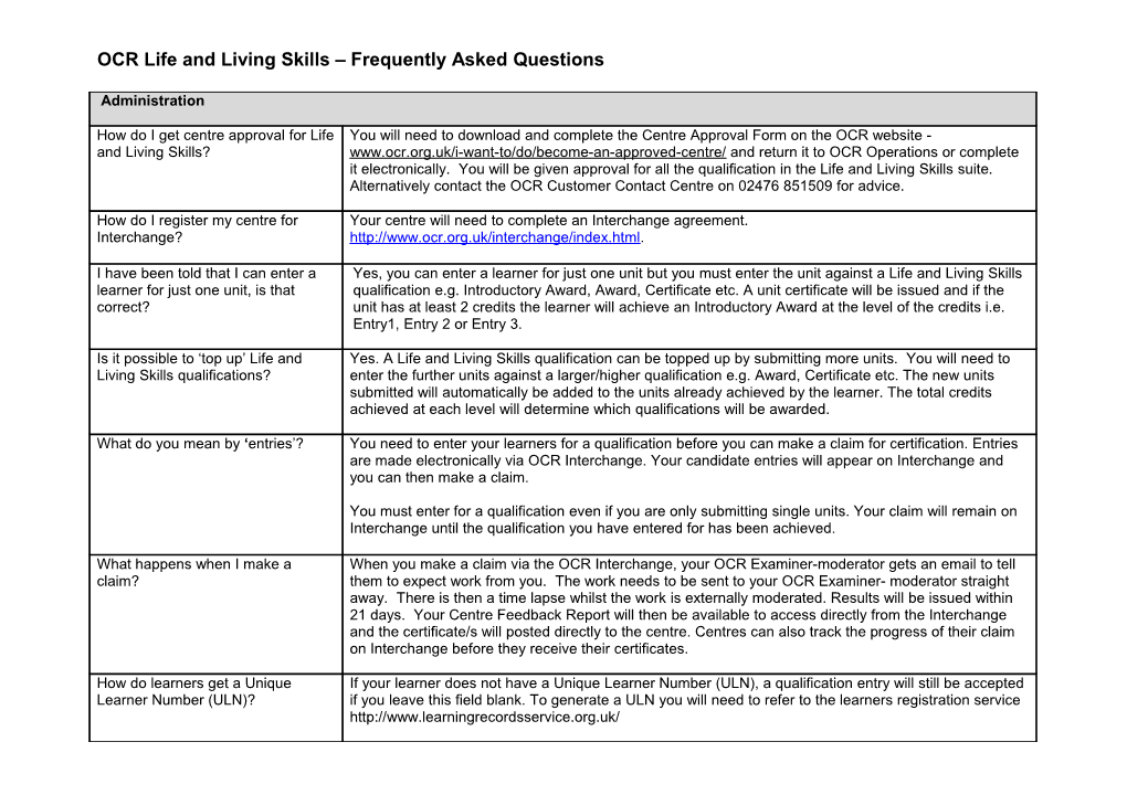 OCR Life and Livingskills Frequently Asked Questions