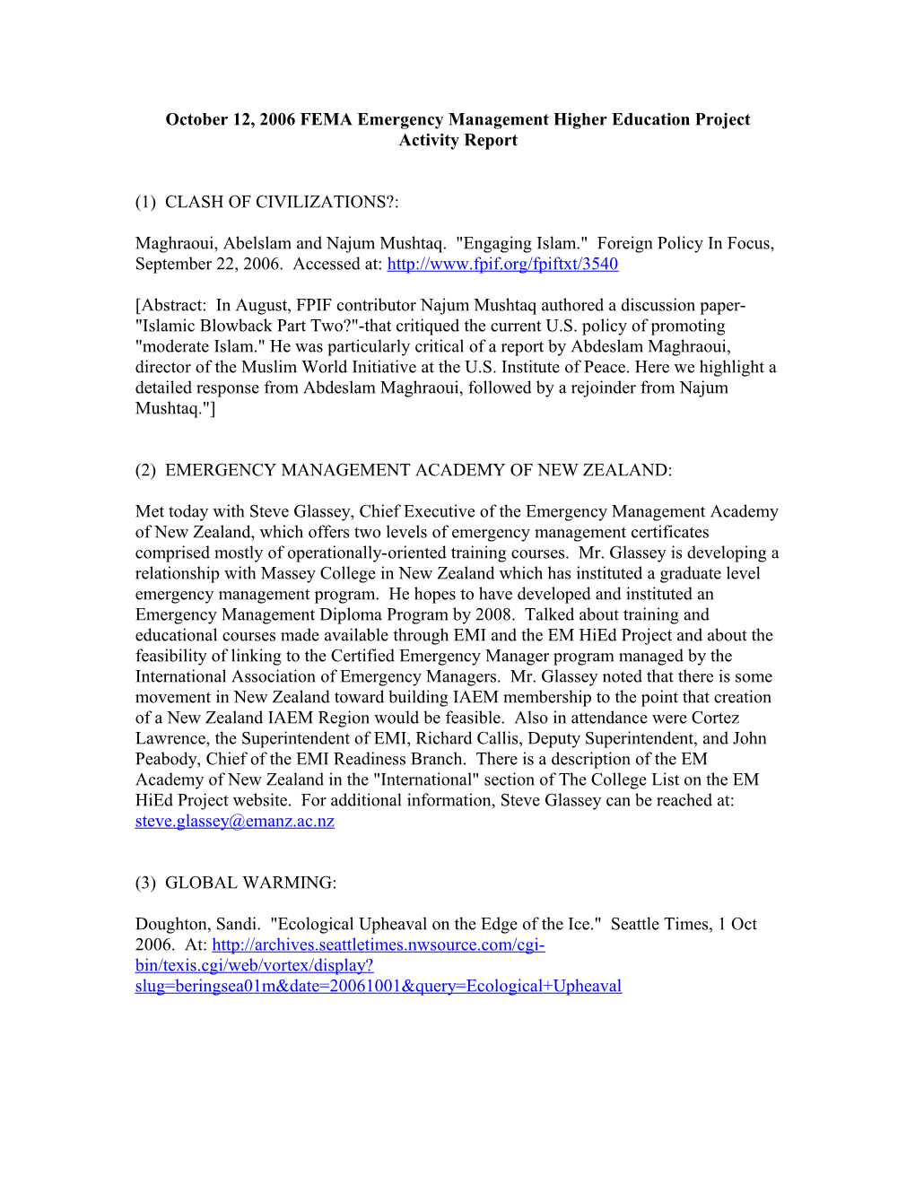 October 12, 2006 FEMA Emergency Management Higher Education Project Activity Report