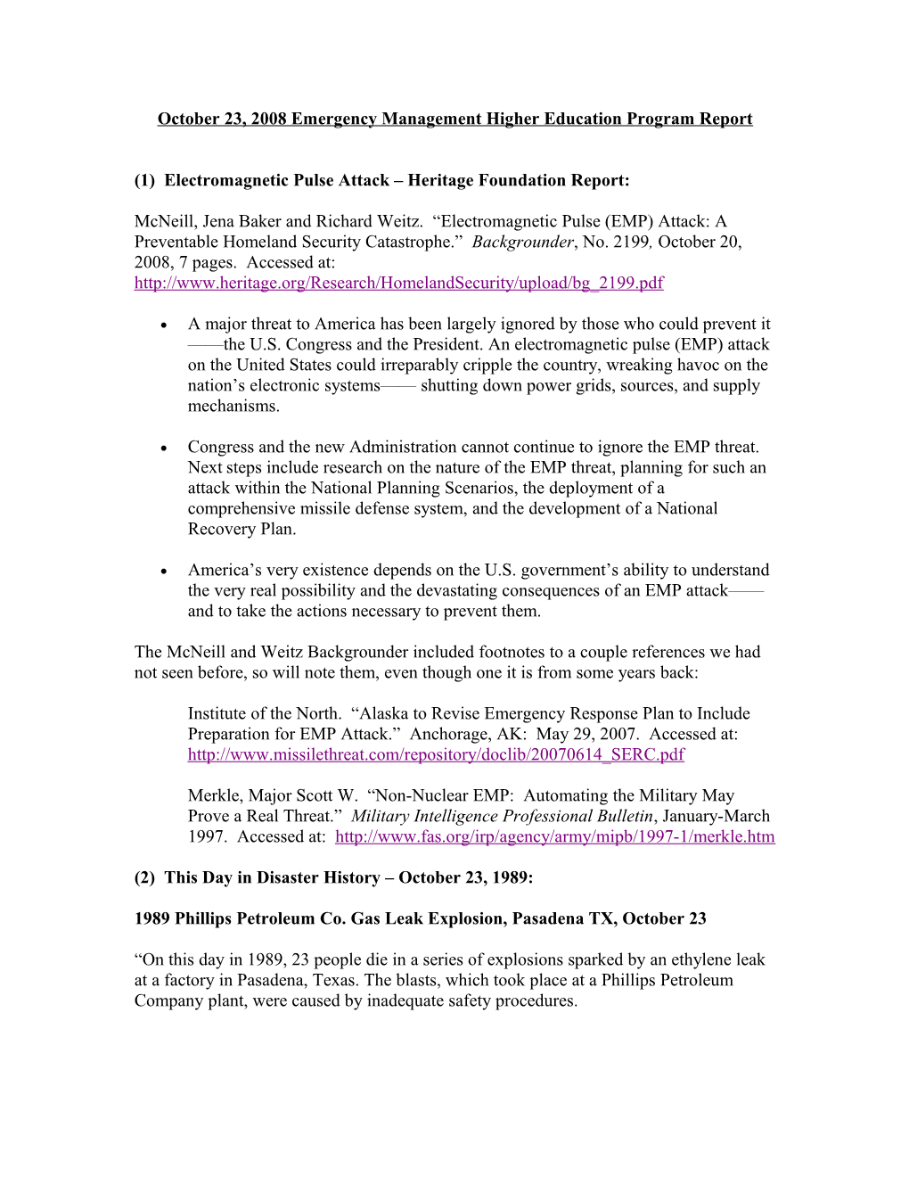 October 23, 2008 Emergency Management Higher Education Program Report