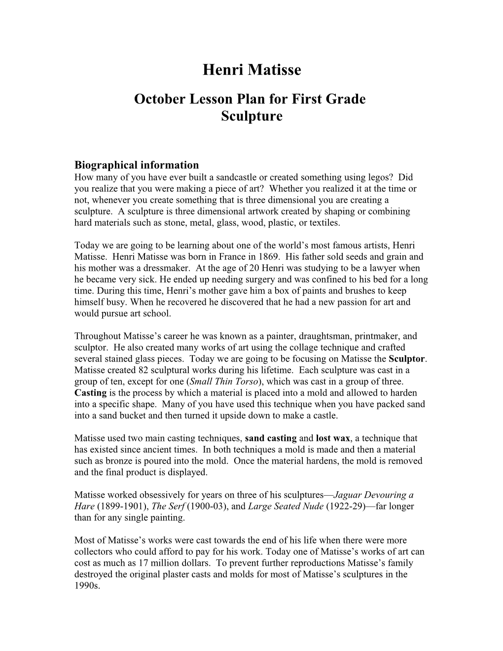 October Lesson Plan for First Grade
