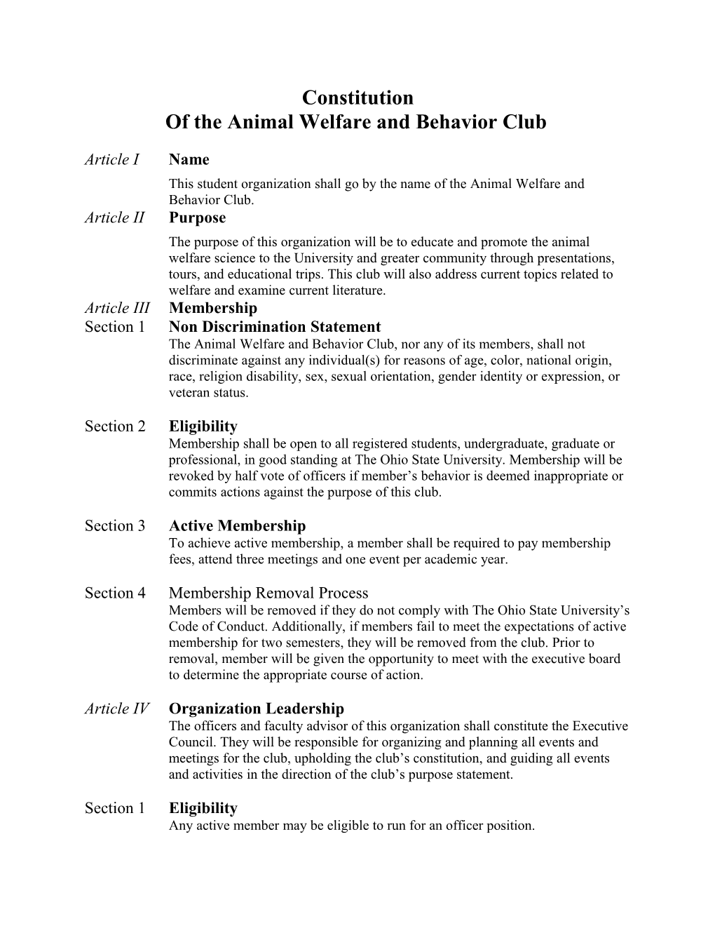 Of the Animal Welfare and Behavior Club