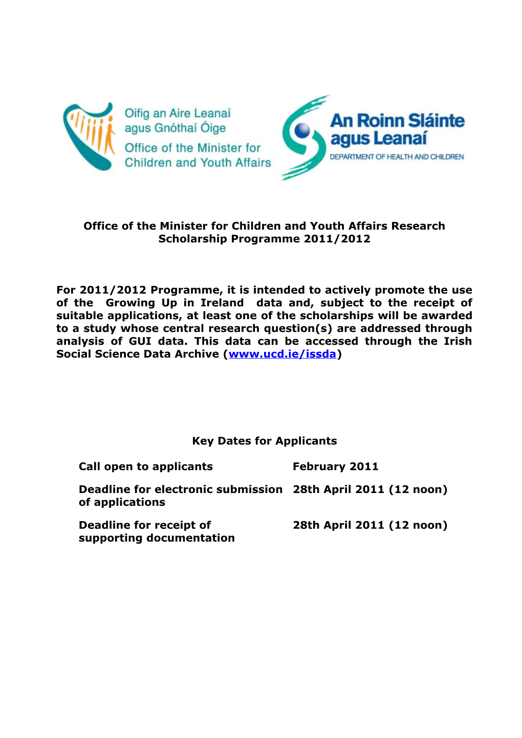 Office of the Minister for Children and Youth Affairs Research Scholarship Programme 2011/2012