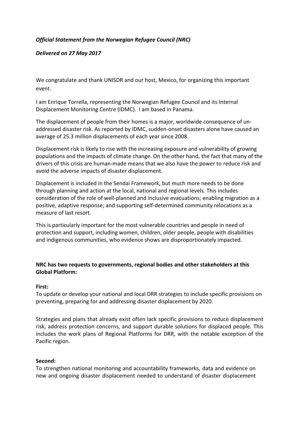 Official Statement from the Norwegian Refugee Council (NRC)