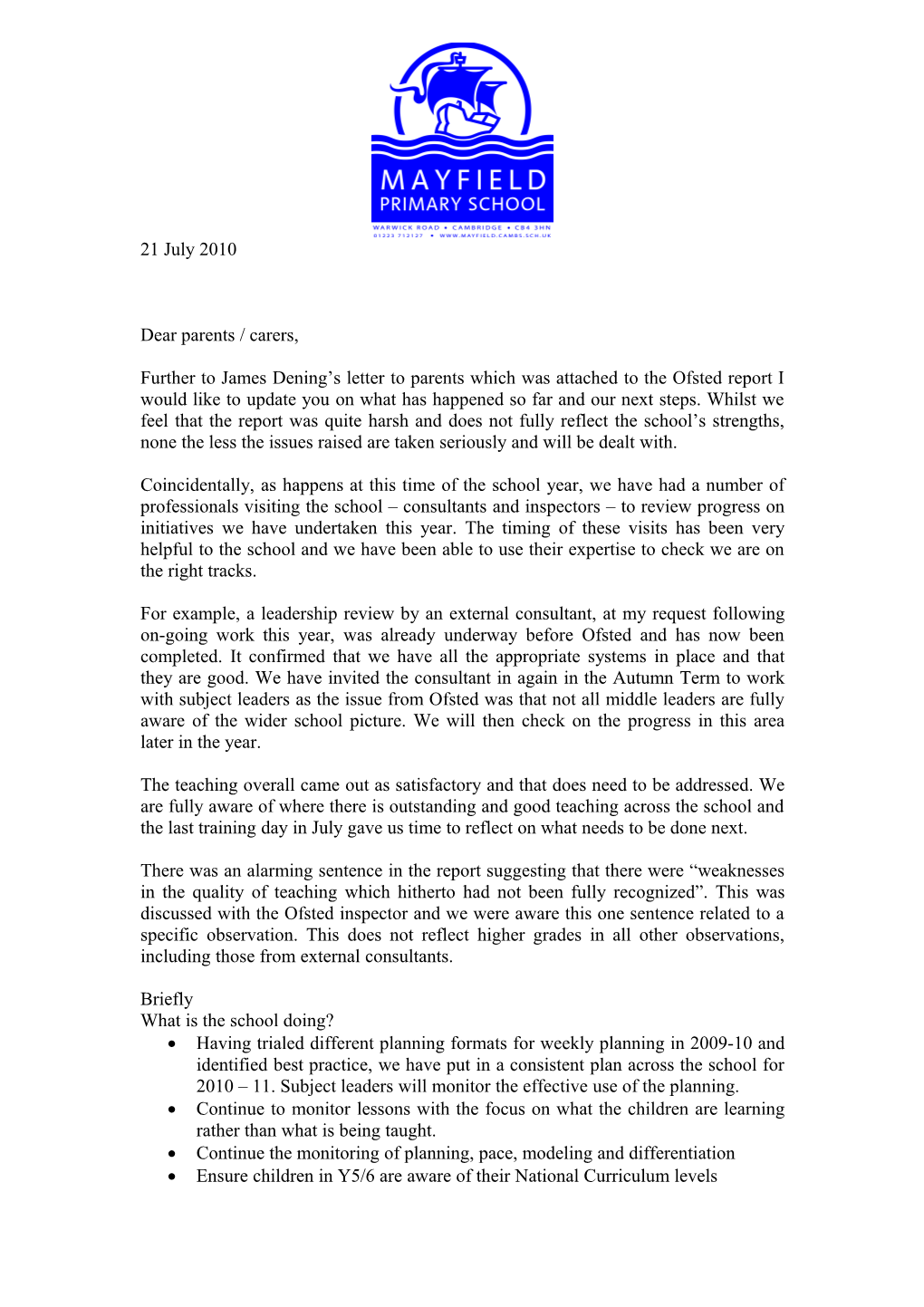 Ofsted Letter to Parents