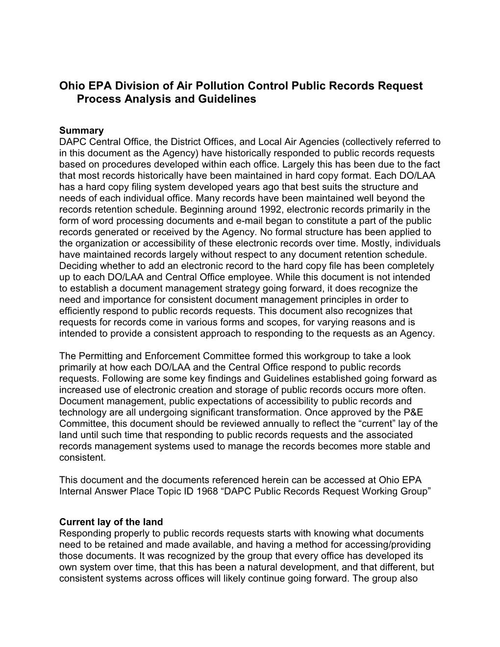 Ohio EPA Division of Air Pollution Control Public Records Request Process Analysis And