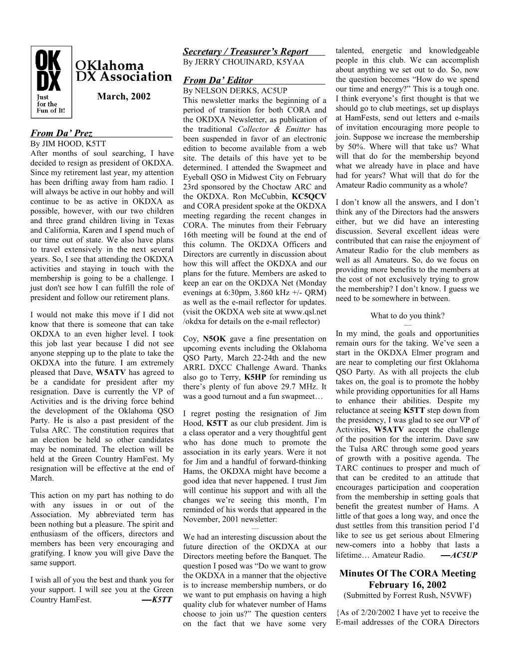 OKDXA Newsletter for March 2002