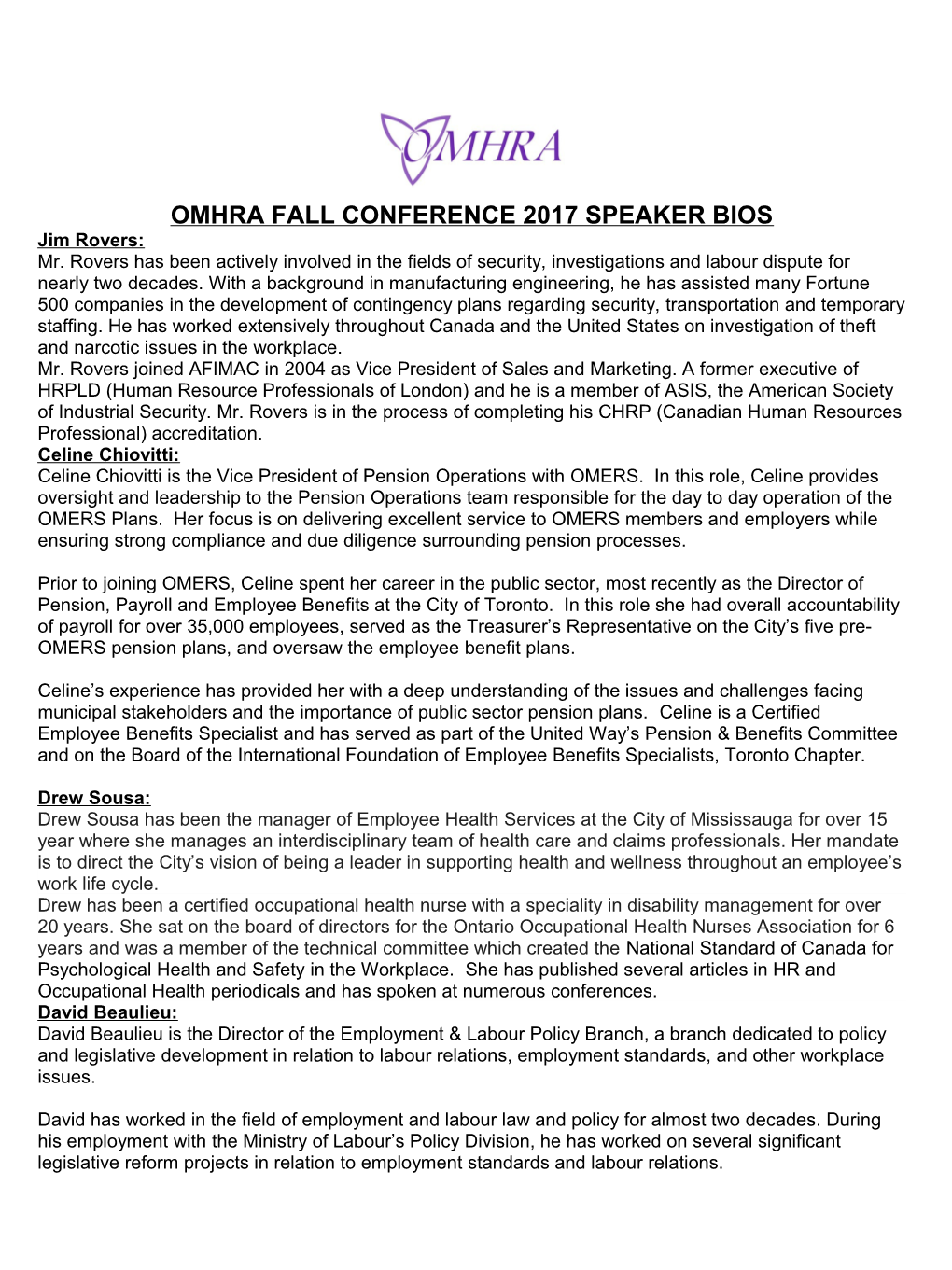 Omhra Fall Conference 2017 Speaker Bios