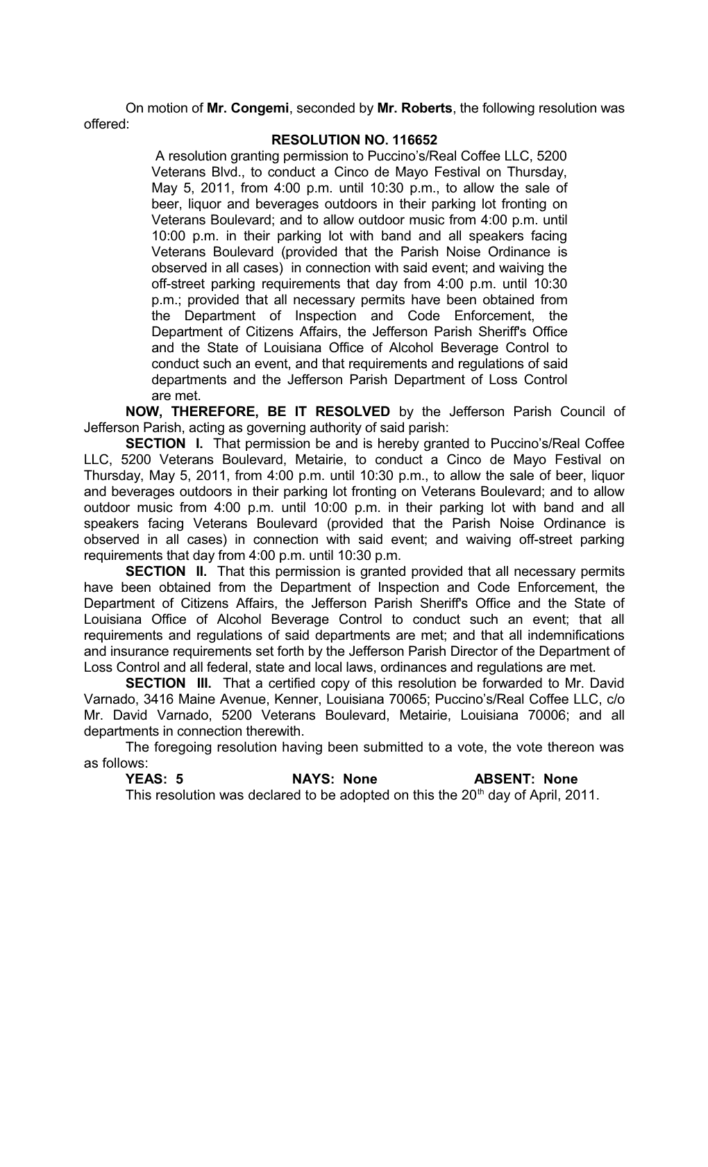 On Motion of Mr. Congemi, Seconded by Mr. Roberts , the Following Resolution Was Offered