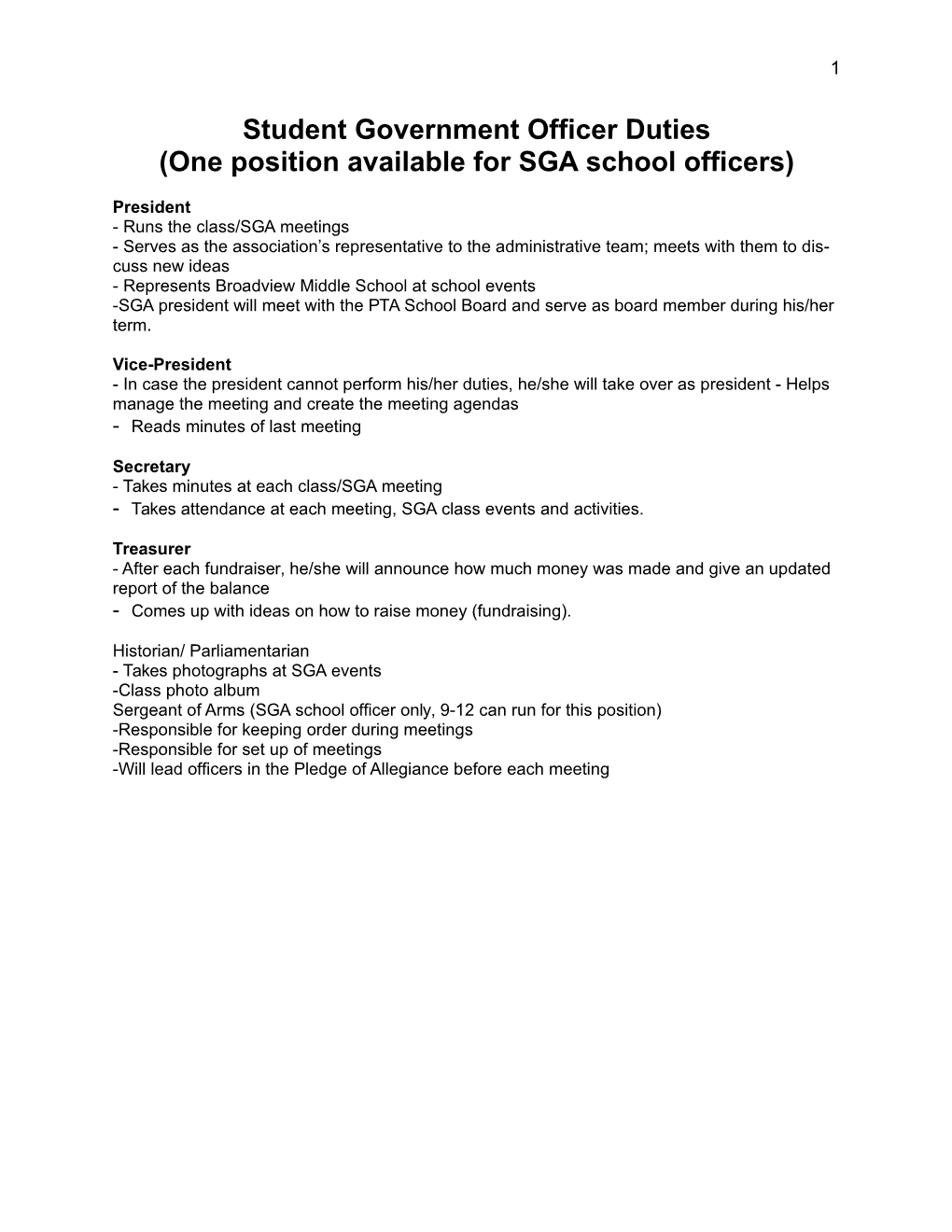 One Position Available for SGA School Officers