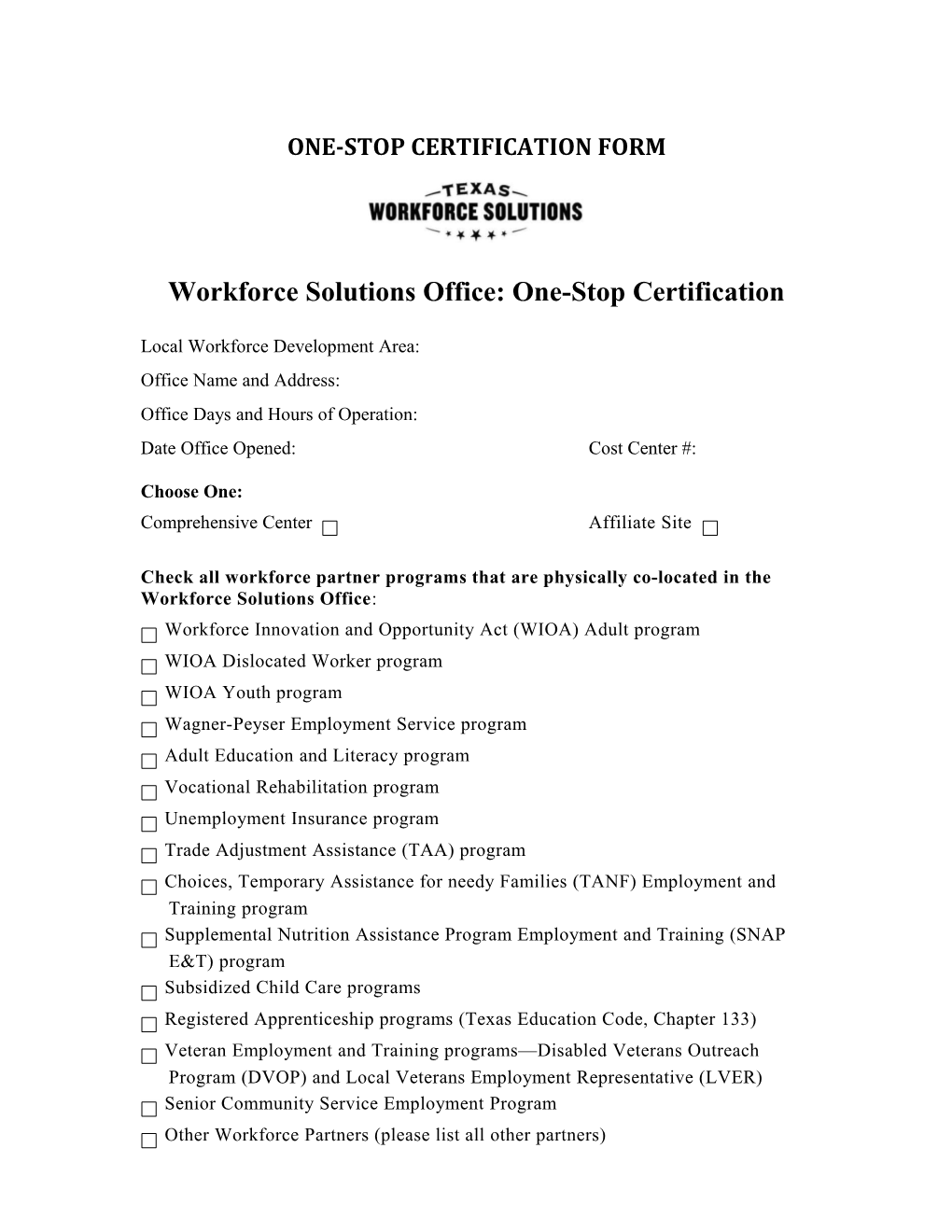 One-Stop Certification Form