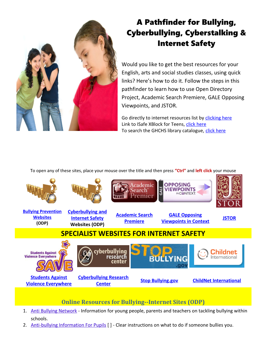 Online Resources for Bullying Internet Sites (ODP)