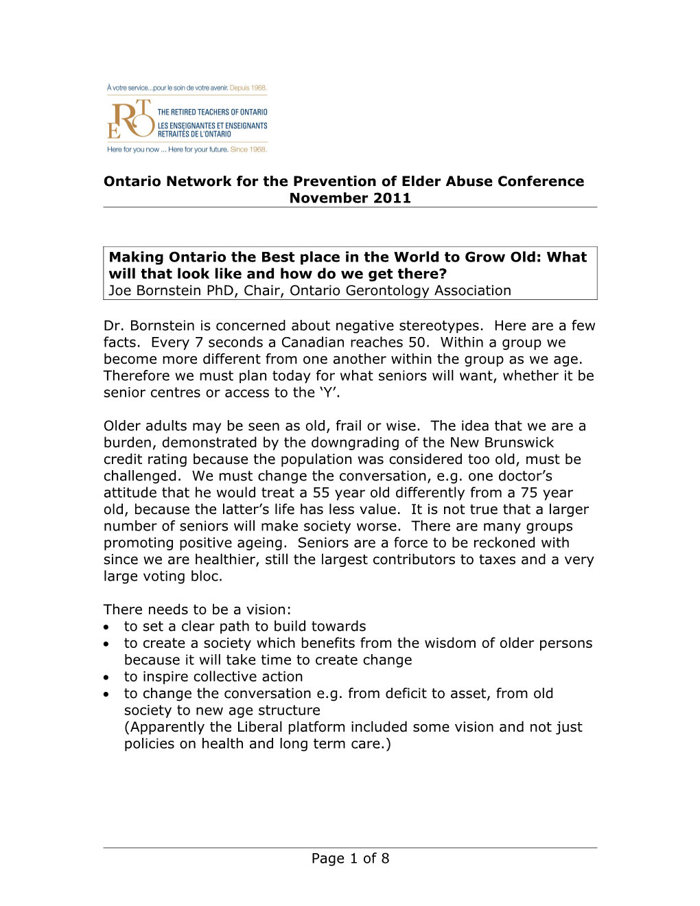 Ontario Network for the Prevention of Elder Abuse Conference
