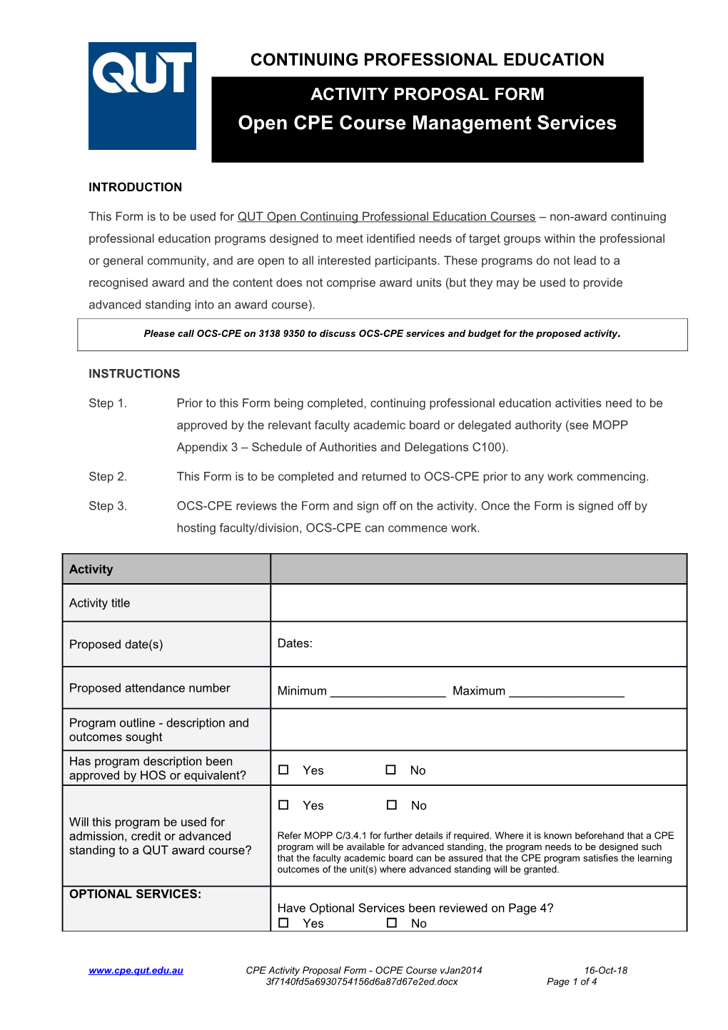 Open Continuing Professional Education Course Activity Proposal Form