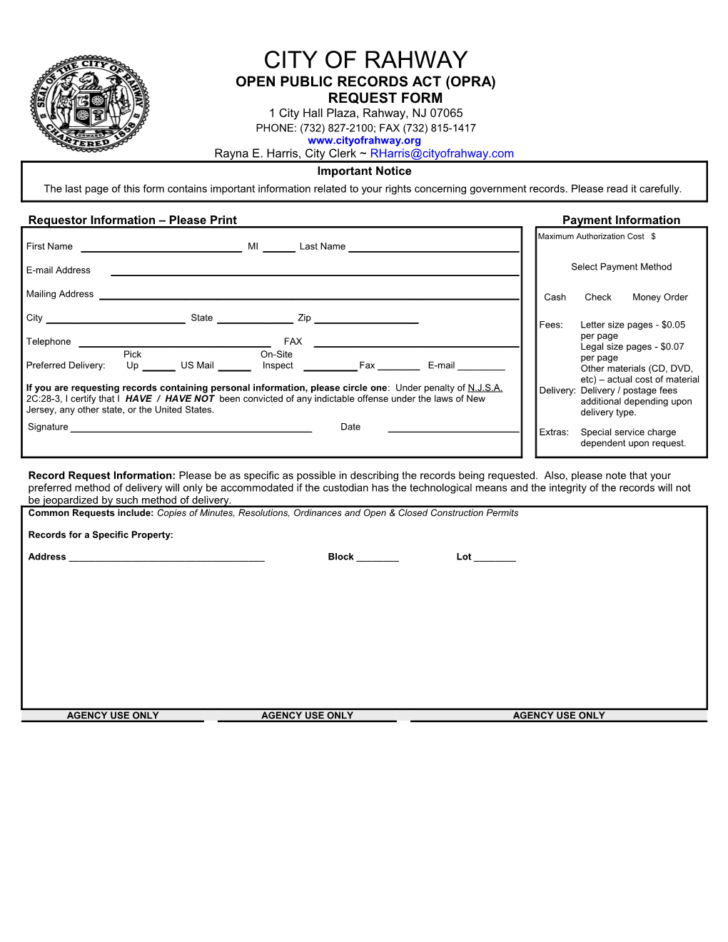 Open Public Records Act (Opra) Request Form