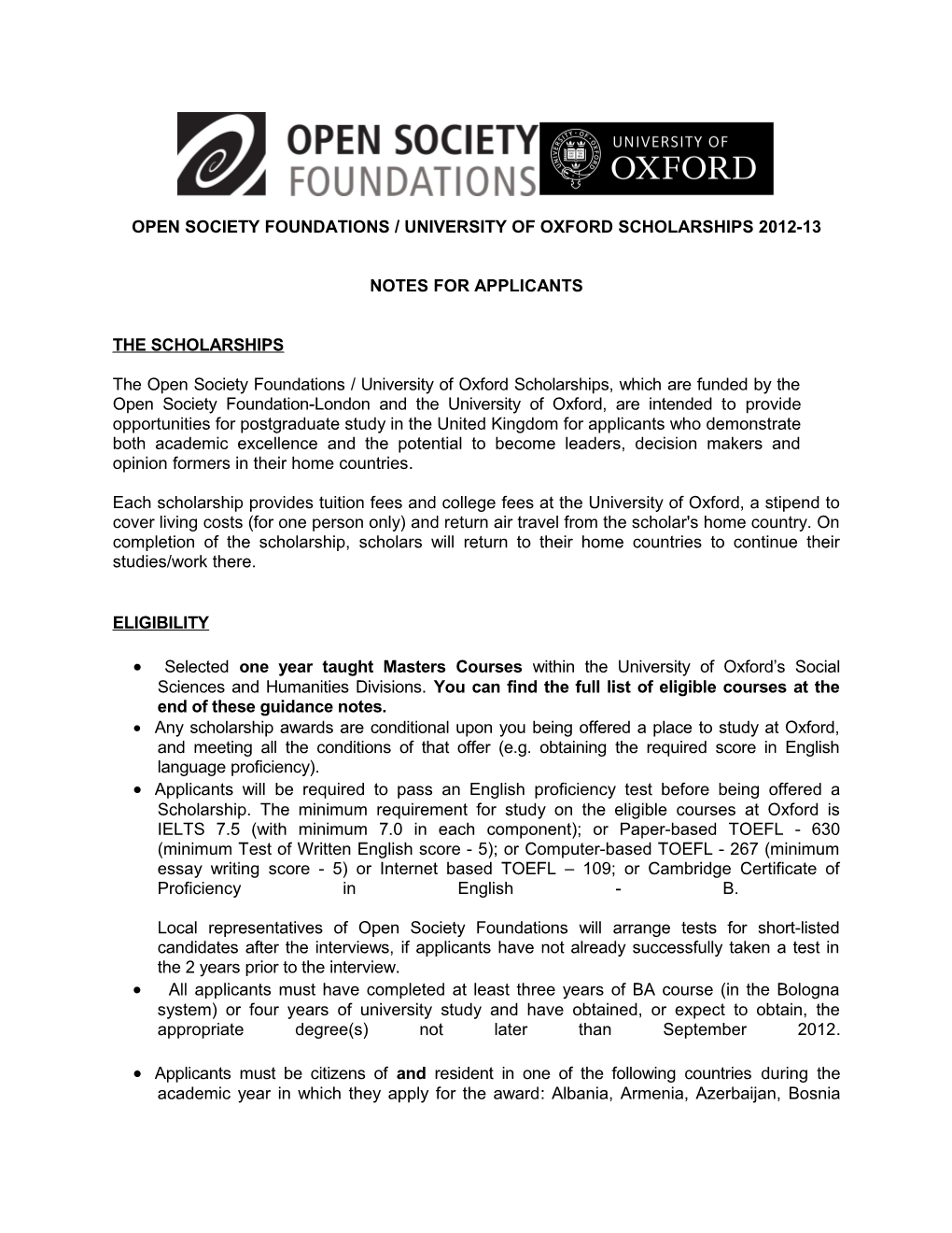 Open Society Foundations / University of Oxford Scholarships 2012-13