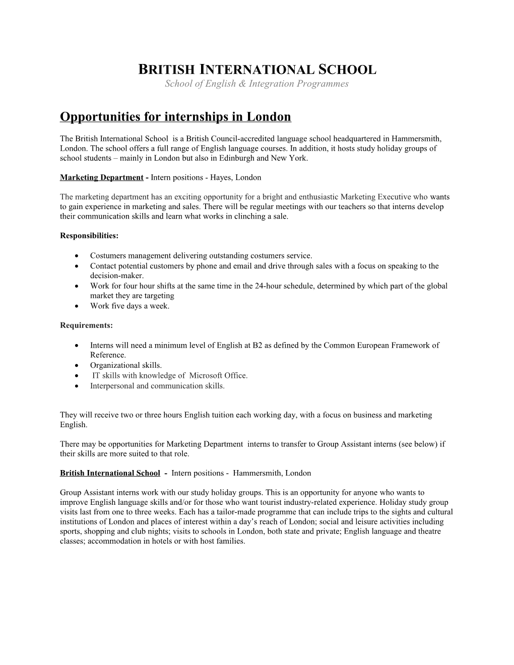 Opportunities for Internships in London