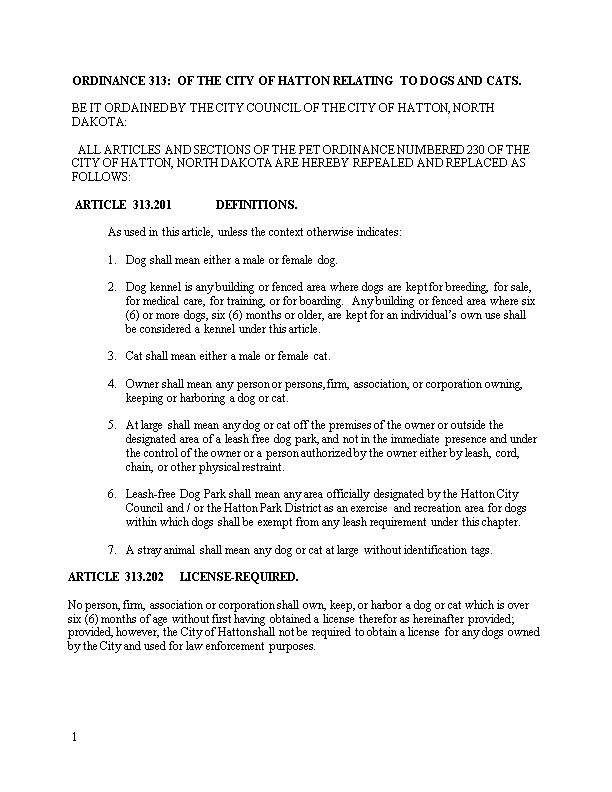 Ordinance 313: of the City of Hatton Relating to Dogs and Cats