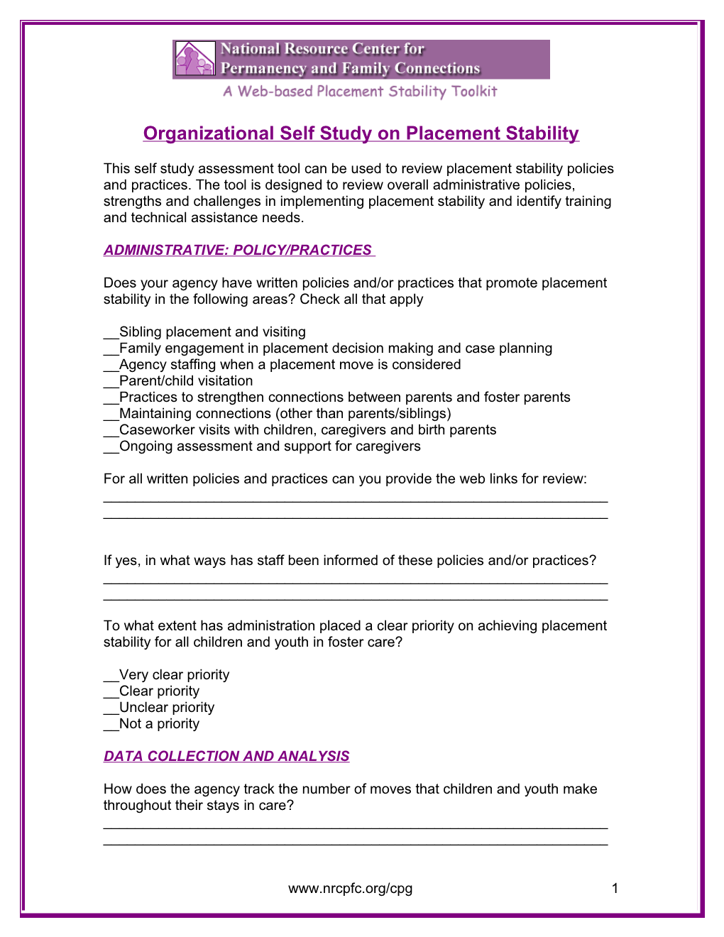 Organizational Self Study on Placement Stability