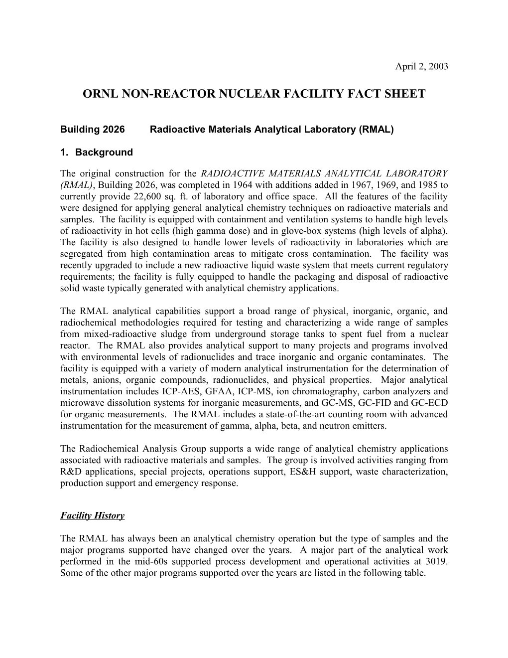 Ornl Non-Reactor Nuclear Facility Fact Sheet