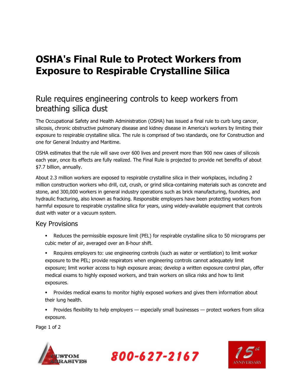 OSHA's Final Rule to Protect Workers from Exposure to Respirable Crystalline Silica