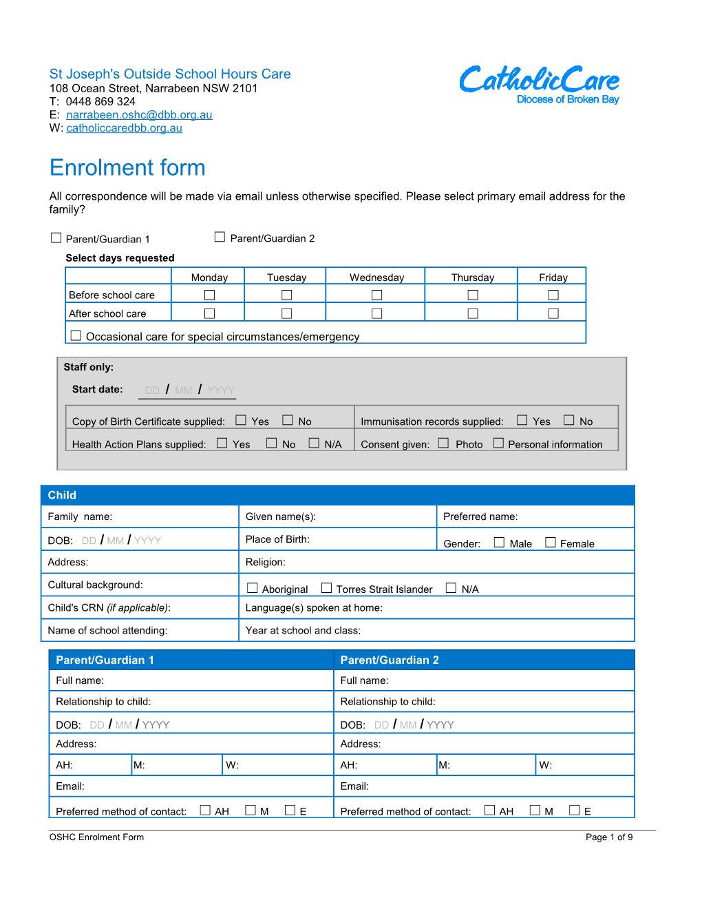 OSHC Enrolment Form