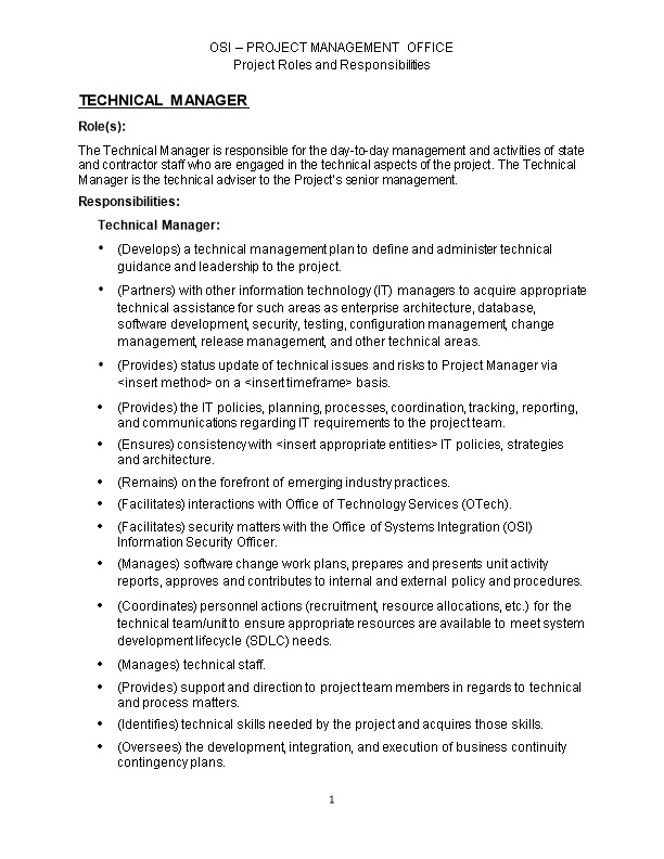 OSI Project Management Office Project Roles and Responsibilities